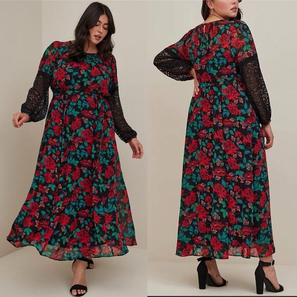 NWT Torrid Cottagecore Whimsigoth Chiffon Maxi Peasant Dress Floral Black  4X - Picture 1 of 9